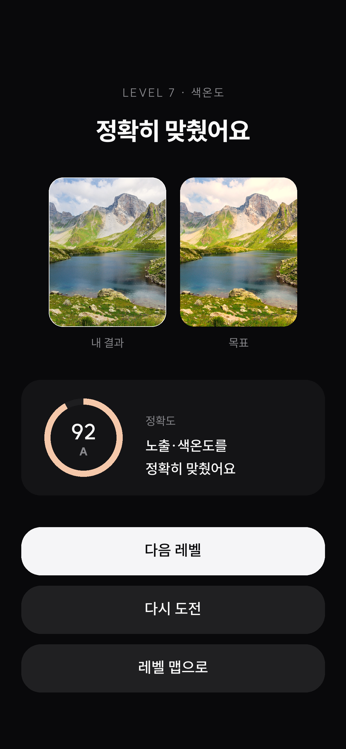 OOCV 결과 화면 — 내 결과와 목표 사진 비교, 일치도 92